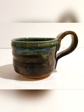 Handmade Glazed Small Pottery Mug in Green and Brown